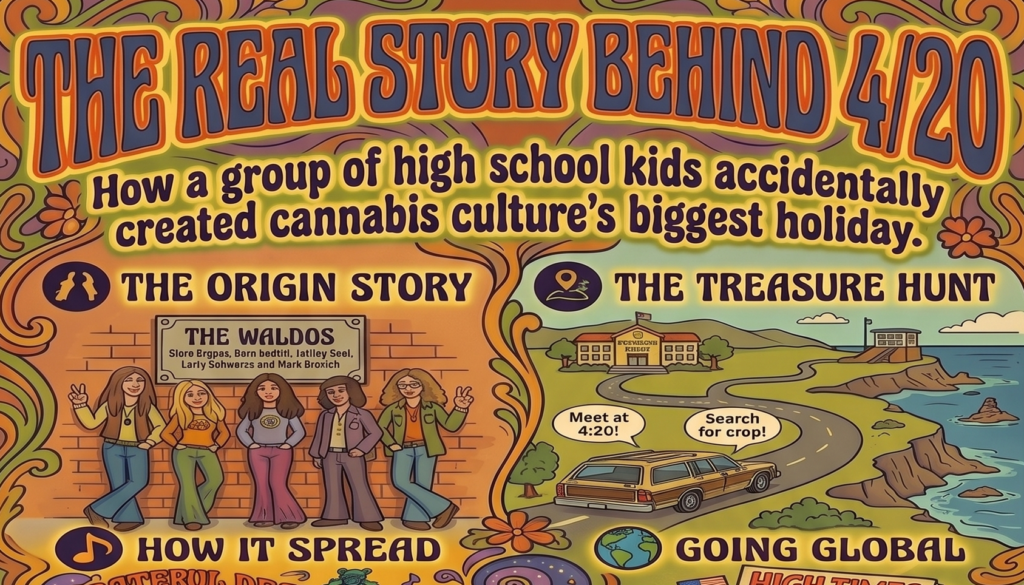 The history of 420 illustrative image with psychedelic retro arts style