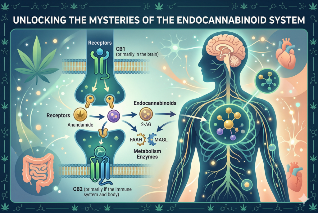 Illustrated infographic titled “Unlocking the Mysteries of the Endocannabinoid System” showing a human body with highlighted nervous system pathways and brain, alongside diagrams of CB1 receptors in the brain and CB2 receptors in the immune system. The graphic includes endocannabinoids like anandamide and 2-AG, metabolic enzymes (FAAH and MAGL), and visual elements representing how cannabinoids interact with receptors throughout the body, including organs like the brain, heart, and digestive system.