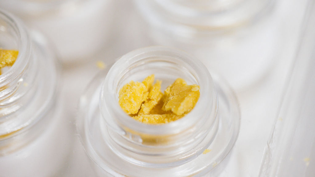 Close-up of yellow cannabis concentrate inside a small clear glass jar on a bright white background.