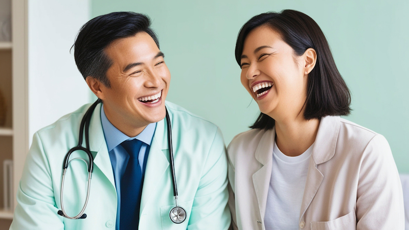 Male doctor and female healthcare professional smiling during a conversation.